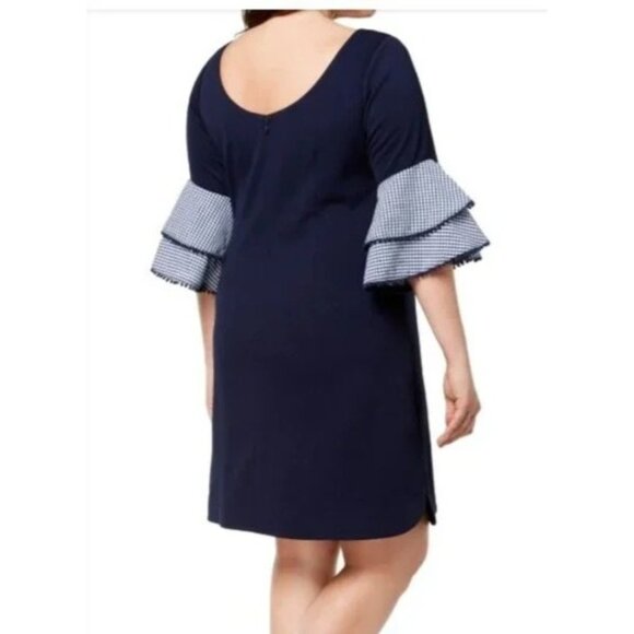 J. Howard Textured Gingham Tiered Bell Sleeve Dress Navy Size 16 - Picture 8 of 8